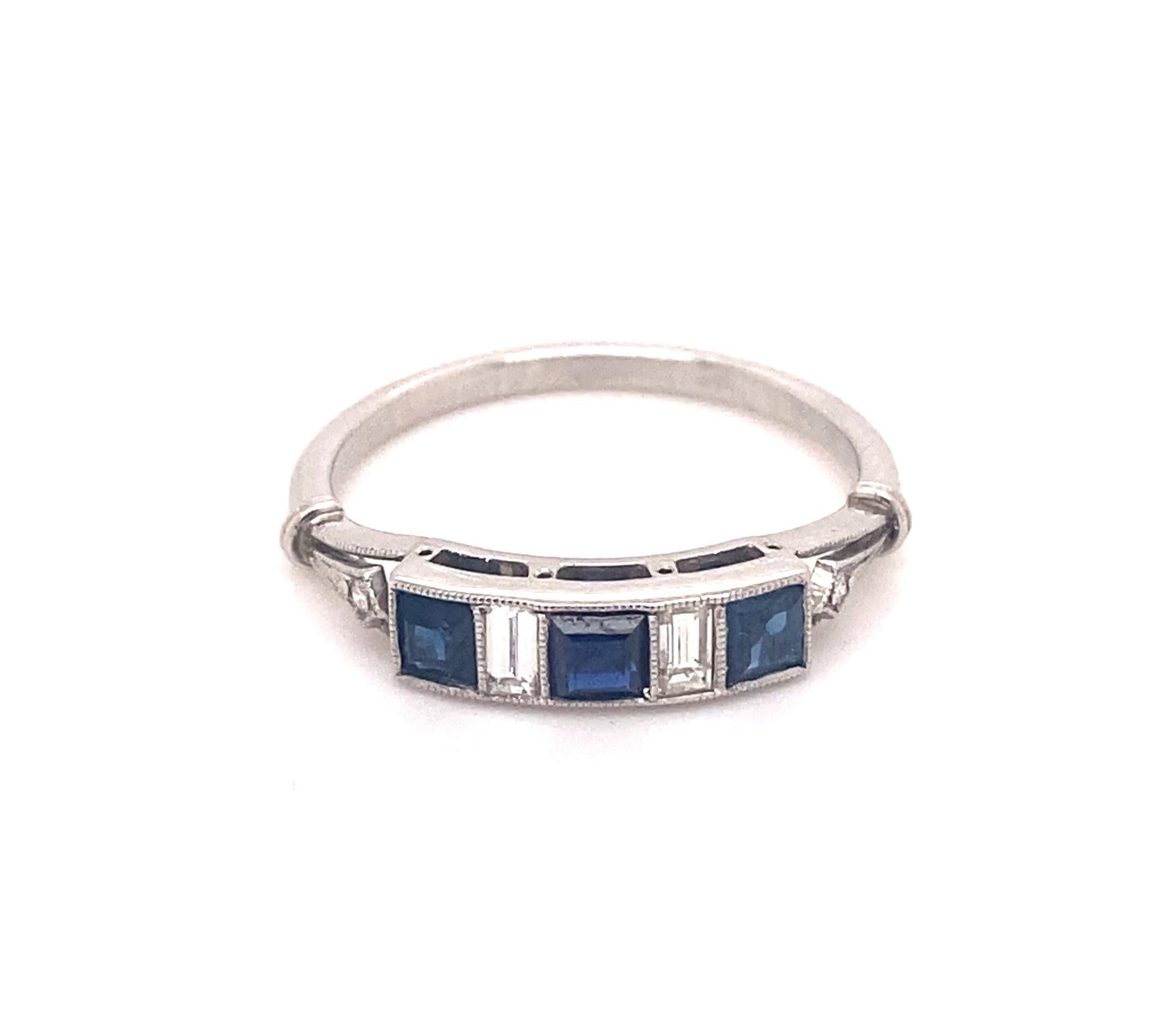 Art Deco Vintage French Cut Diamonds Sapphires Platinum Band Ring For Sale