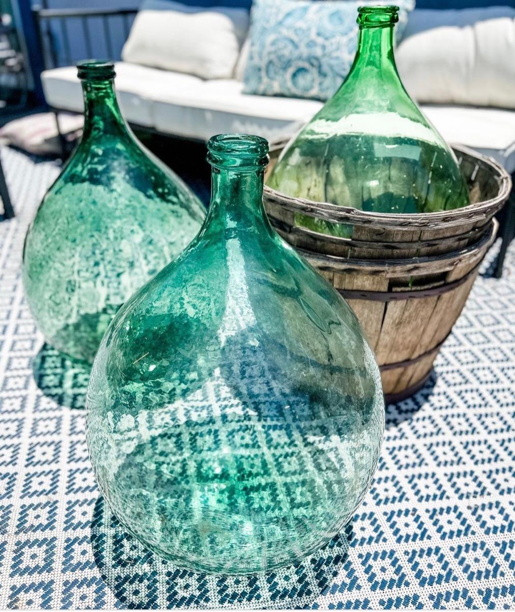 Vintage French Dame Jeanne Wine Bottle Blue Green 2