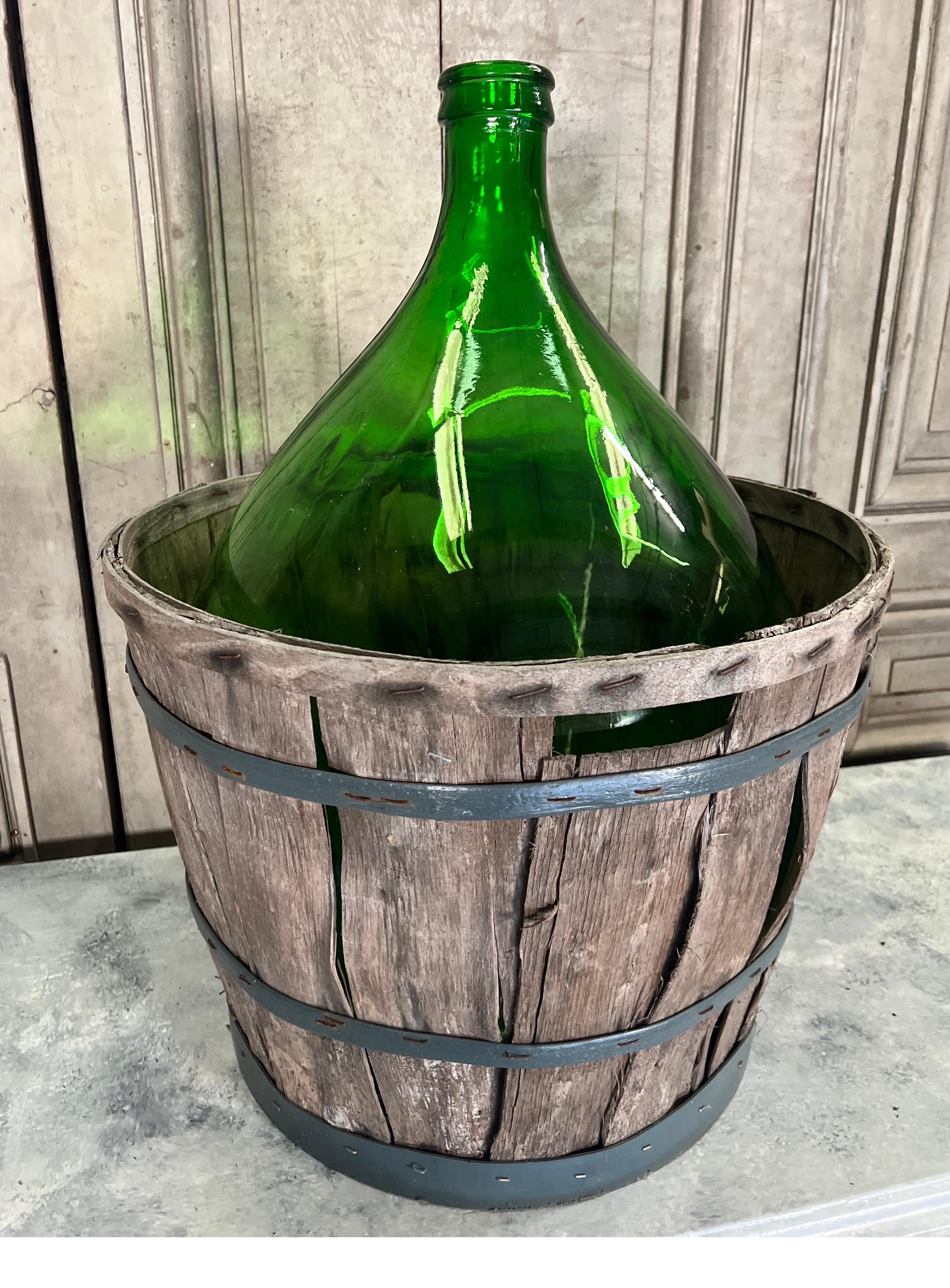 20th Century Vintage French Dame Jeanne Wine Bottle Dark Green For Sale