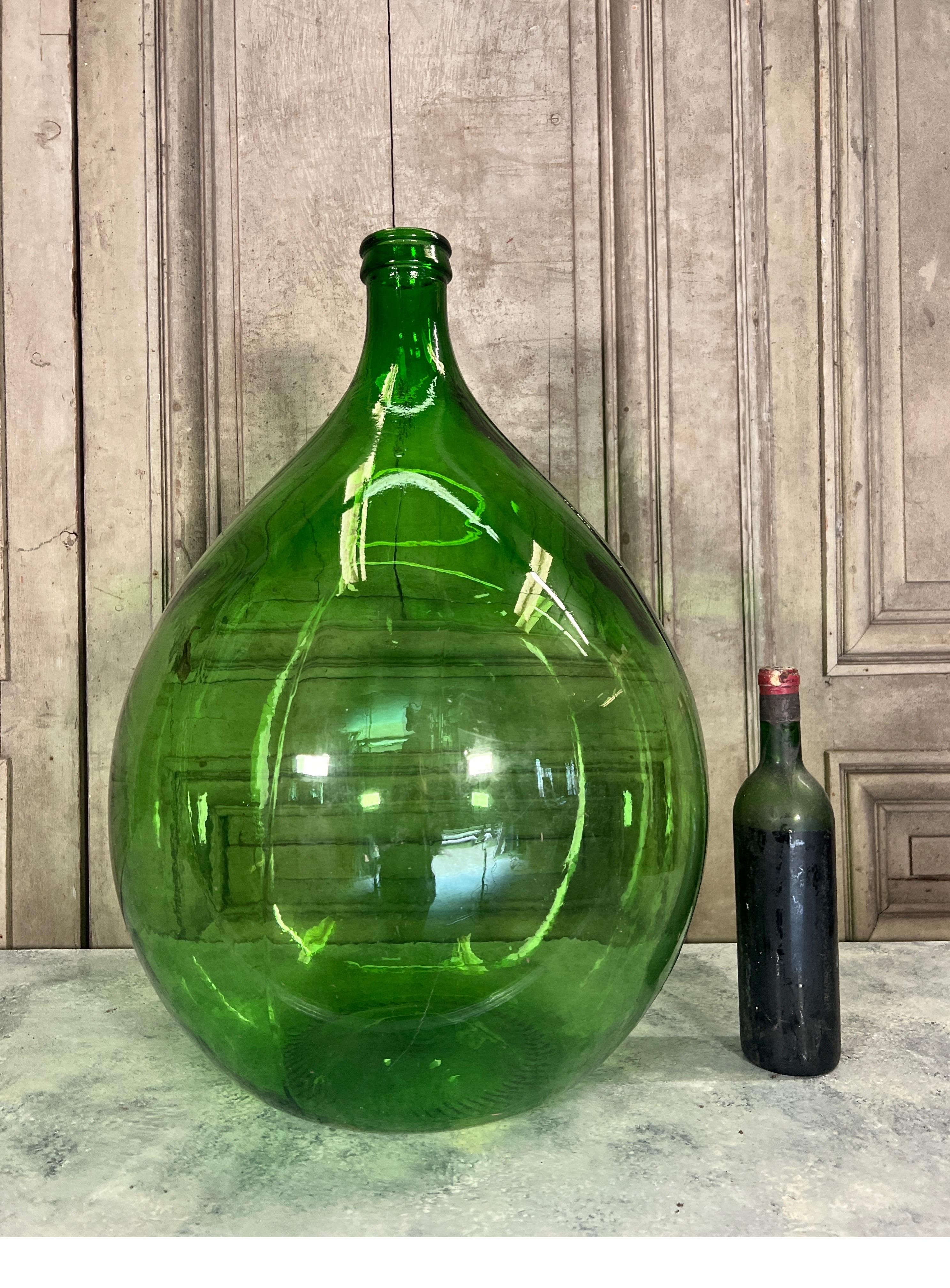 Blown Glass Vintage French Dame Jeanne Wine Bottle Dark Green For Sale