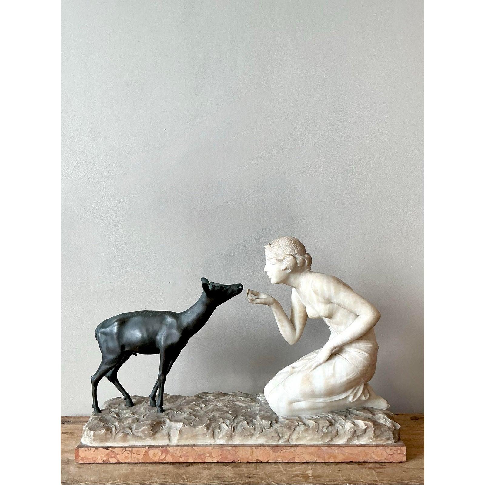 Francese Scultura d'epoca in bronzo e pietra scolpita in stile Deco francese di R. Ponti 