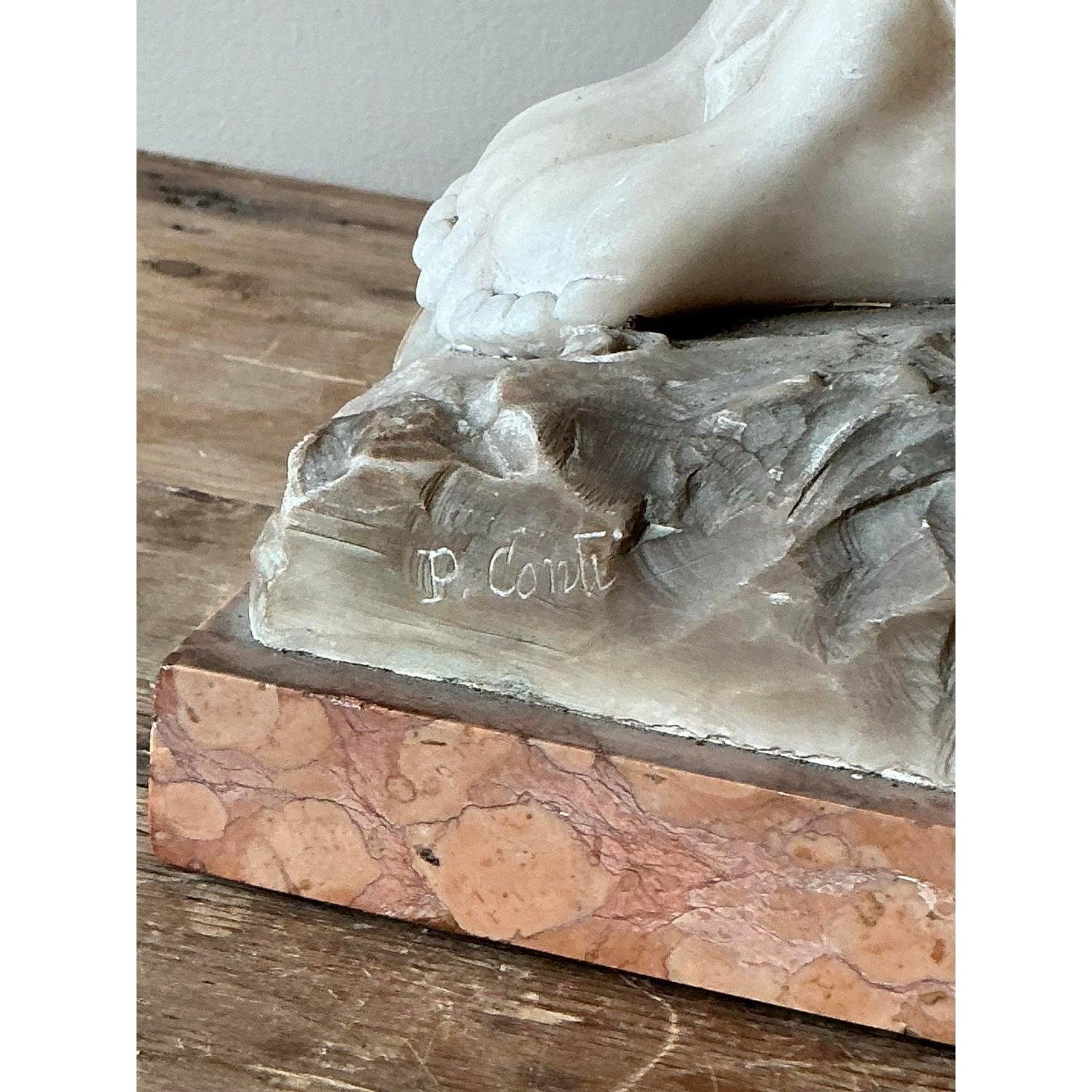 Scultura d'epoca in bronzo e pietra scolpita in stile Deco francese di R. Ponti 