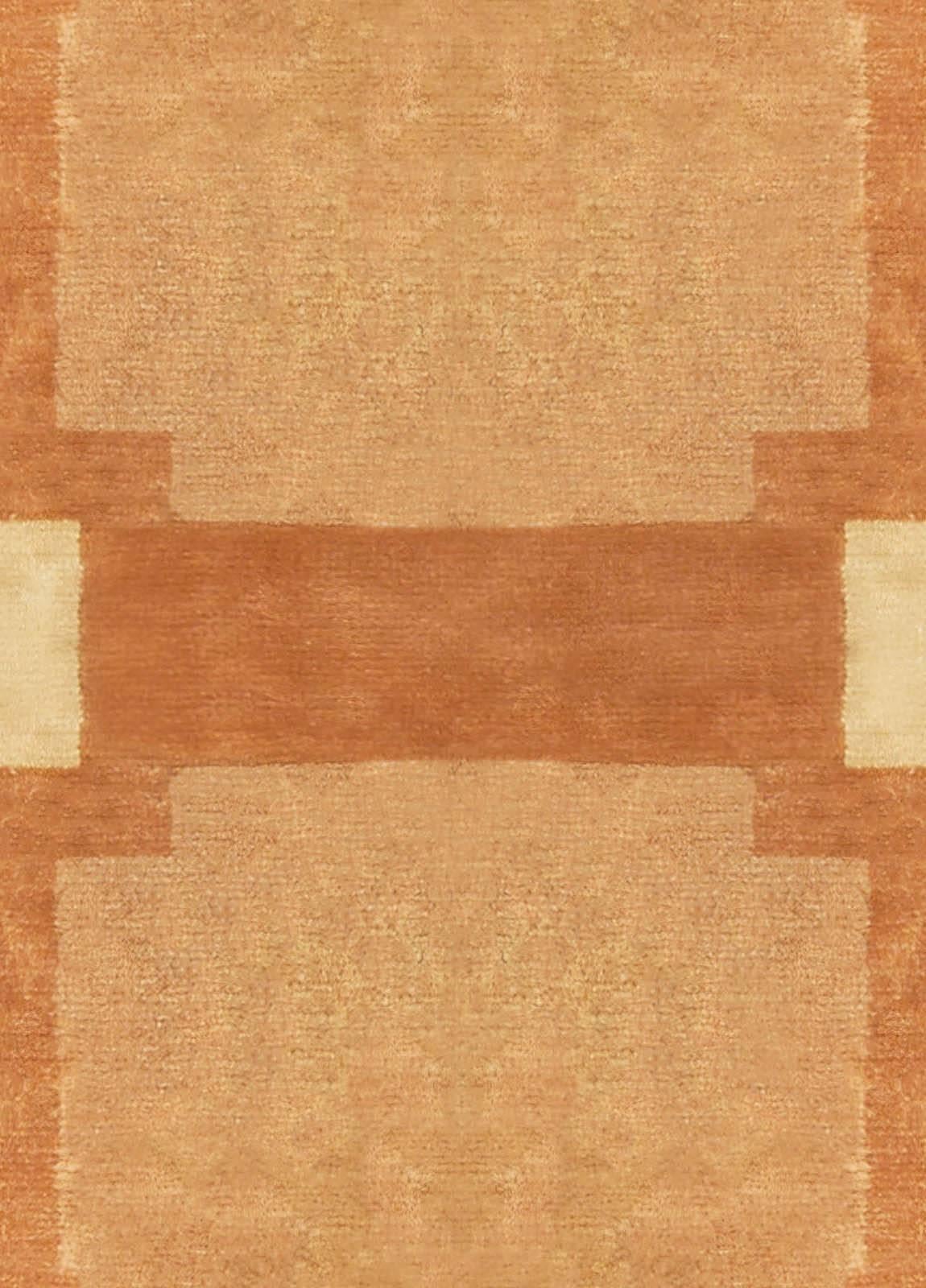 A French deco rug with a mirrored geometric design of color blocked shades of orange that are graphically intersected with brown, black and ivory.
