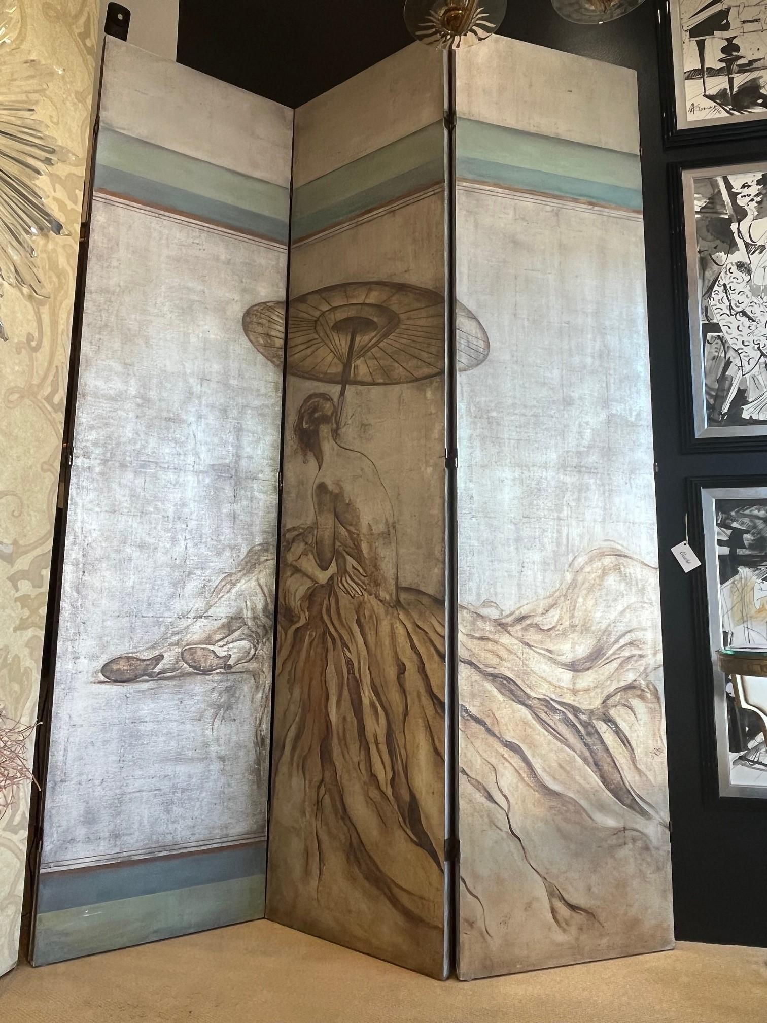 Vintage Five Panels Hand Painted Folding Silver Leaf Screen, Reclining Female with Paper Umbrella is Designed by Jacques Grange
Painted Acrylic on Canvas Mounted on Wood, Each Panel Measures 23