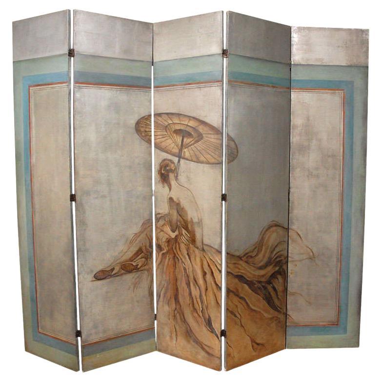 Vintage French Deco Style 5- Panels Silver Leaf Screen Attributed Jaques Grange For Sale