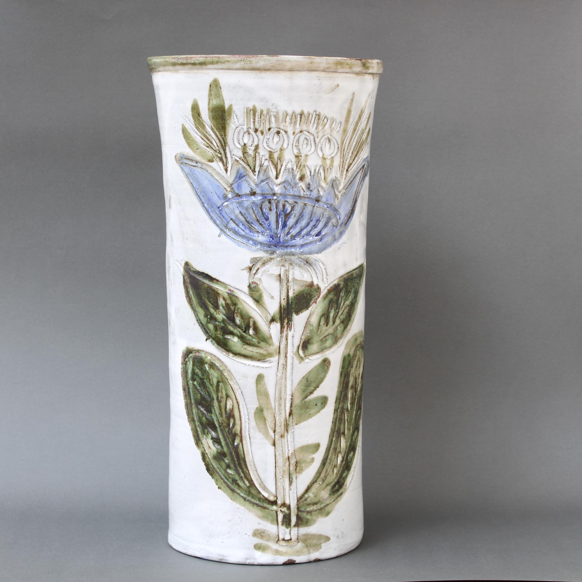 Hand-Painted Vintage French Decorative Tall Vase by Albert Thiry 'circa 1960s' For Sale