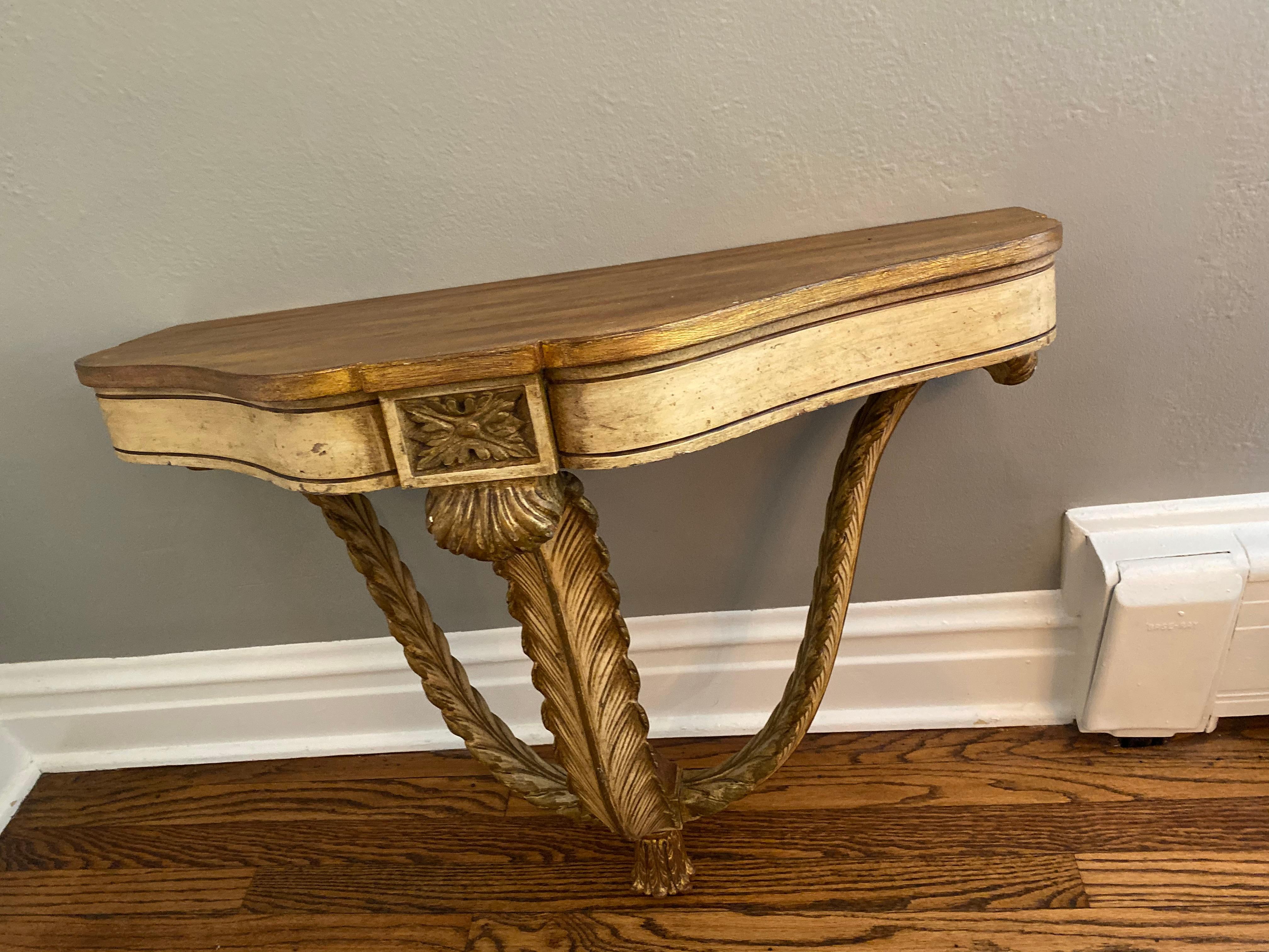Hand-Carved Vintage French Demilune Wall Hung Console Table For Sale