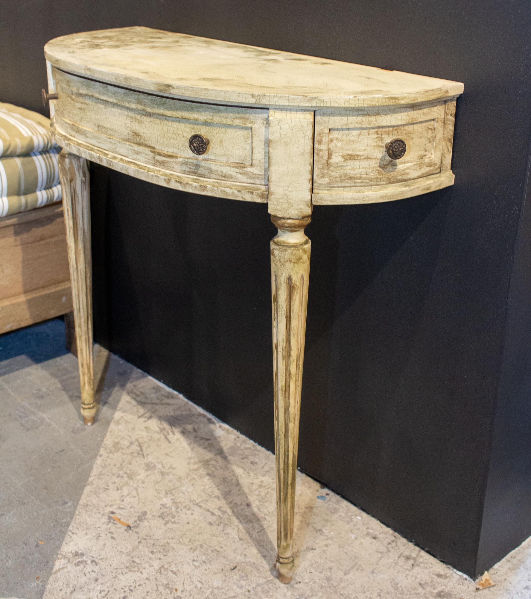 Vintage French Demilune Console with Drawer in Distressed Painted ...