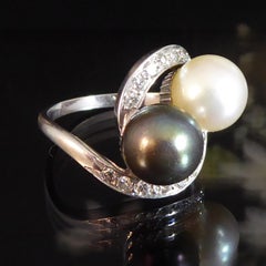 Vintage French Design Akoya Grey and Cream Pearl Diamond Cross Over Twist Ring