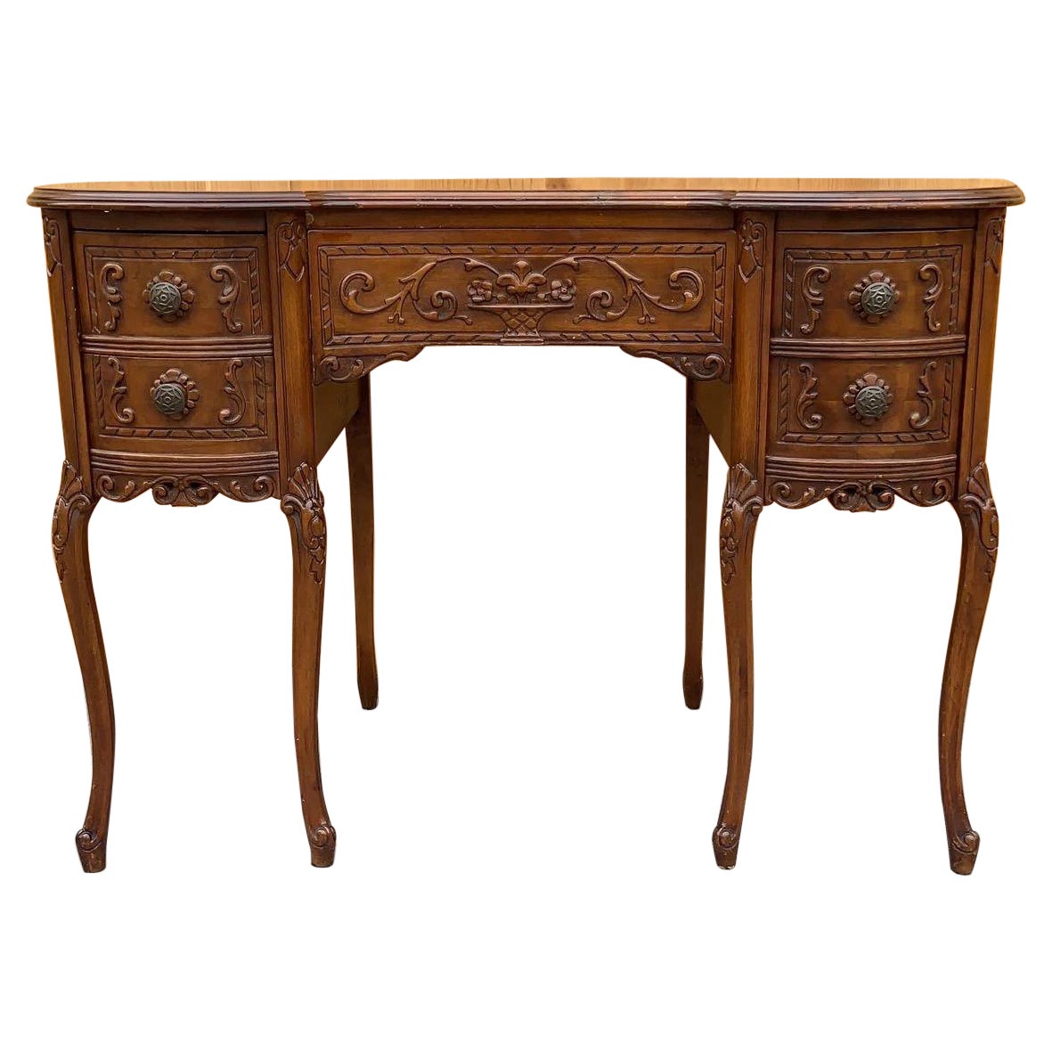 Vintage French Design Kidney Shape Carved Walnut Office Library Desk