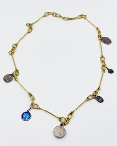 Multiple Silver Medal Chain Necklace Vintage locket Virgin Mary Blue Enamel