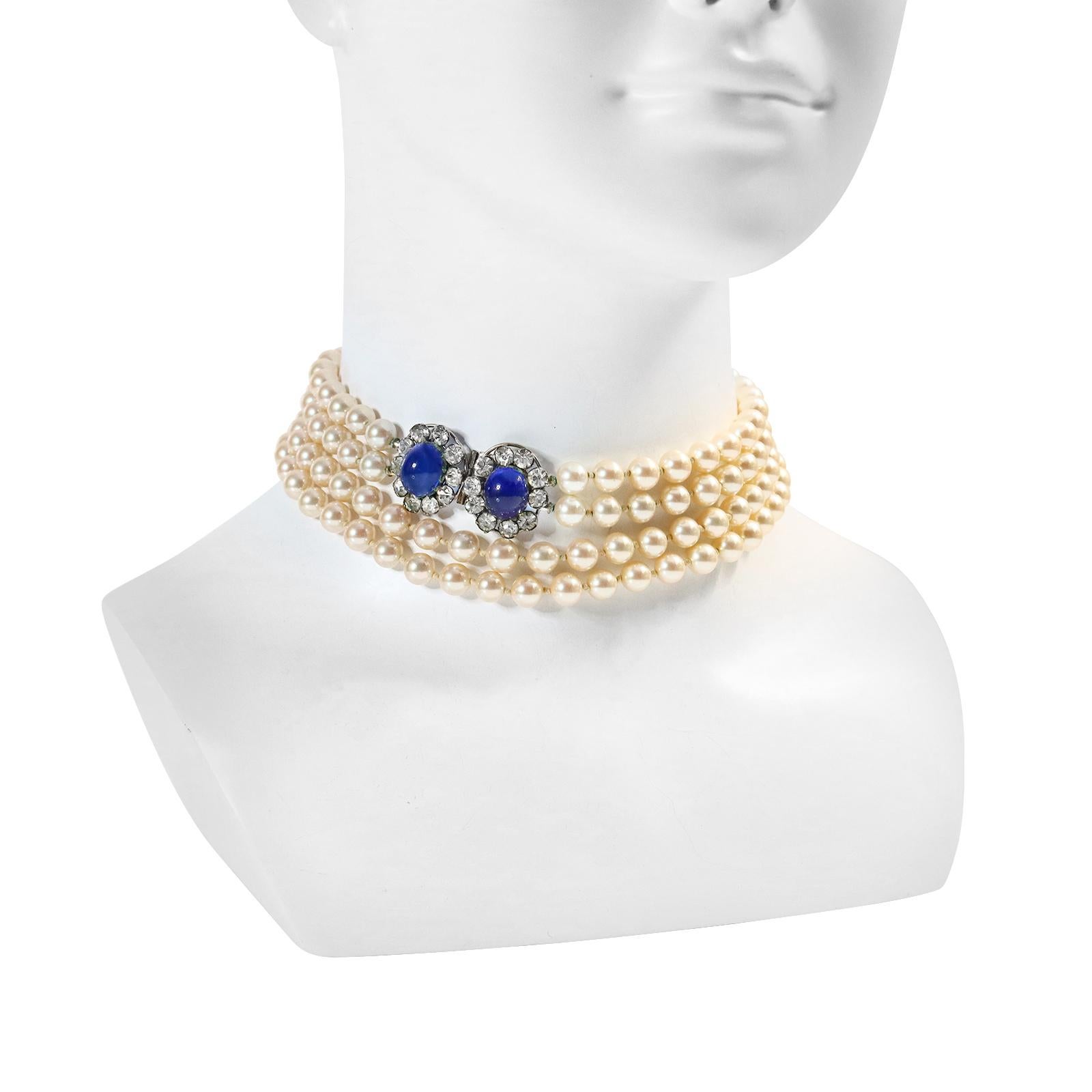 Vintage French Diamante Faux Double Pearl Long Necklace Circa 1960s In Good Condition For Sale In New York, NY