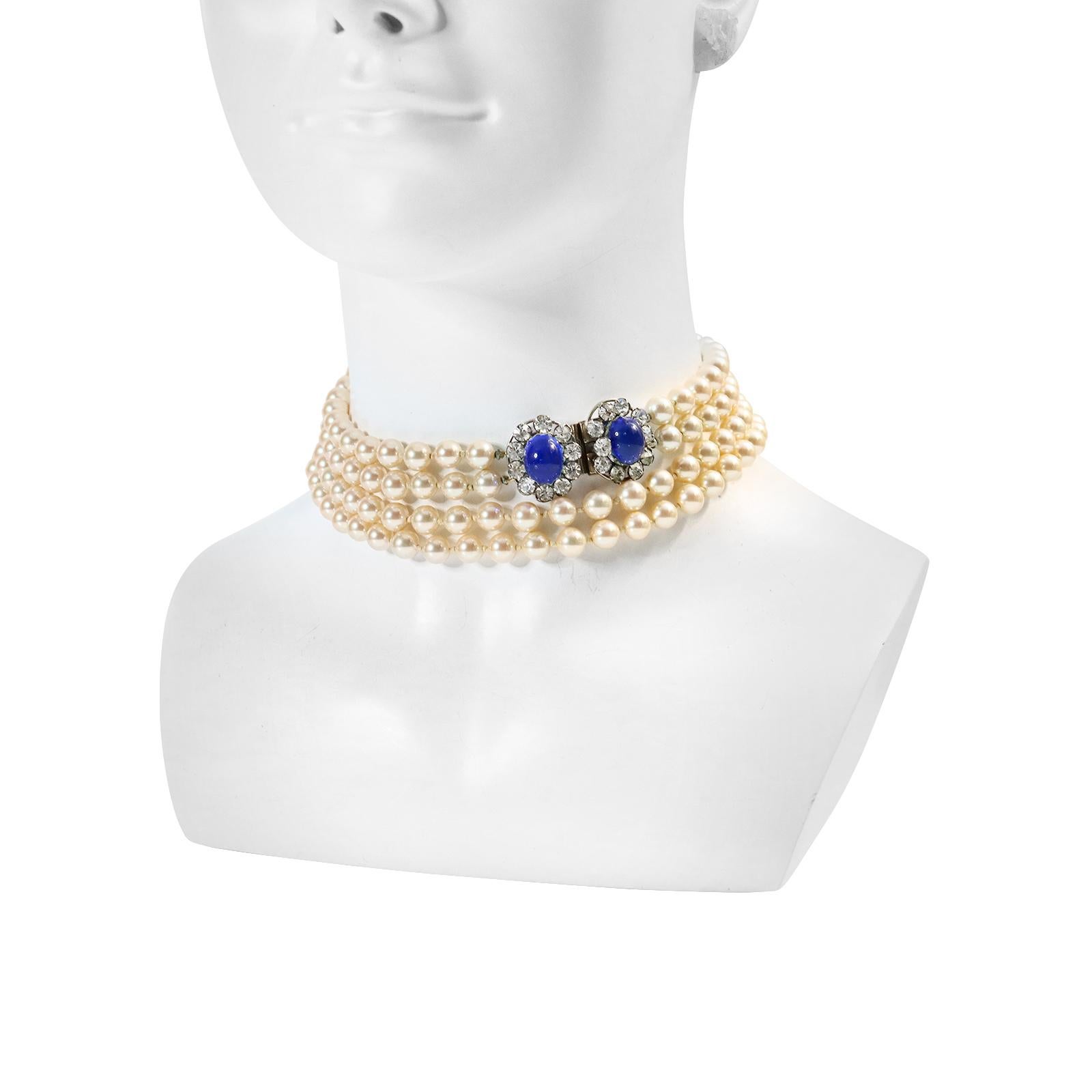 Women's or Men's Vintage French Diamante Faux Double Pearl Long Necklace Circa 1960s For Sale