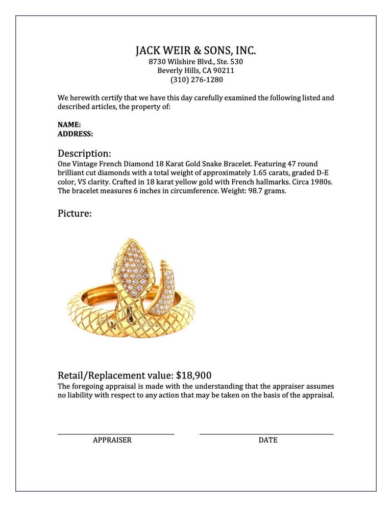Vintage French Diamond 18 Karat Gold Snake Bracelet For Sale 1