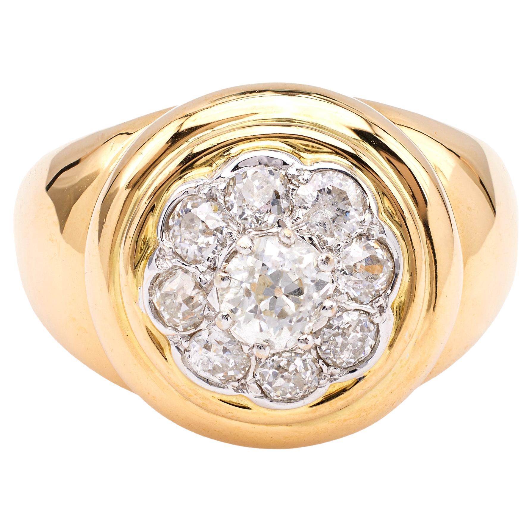 Vintage French Diamond 18k Two Tone Gold Cluster Ring For Sale
