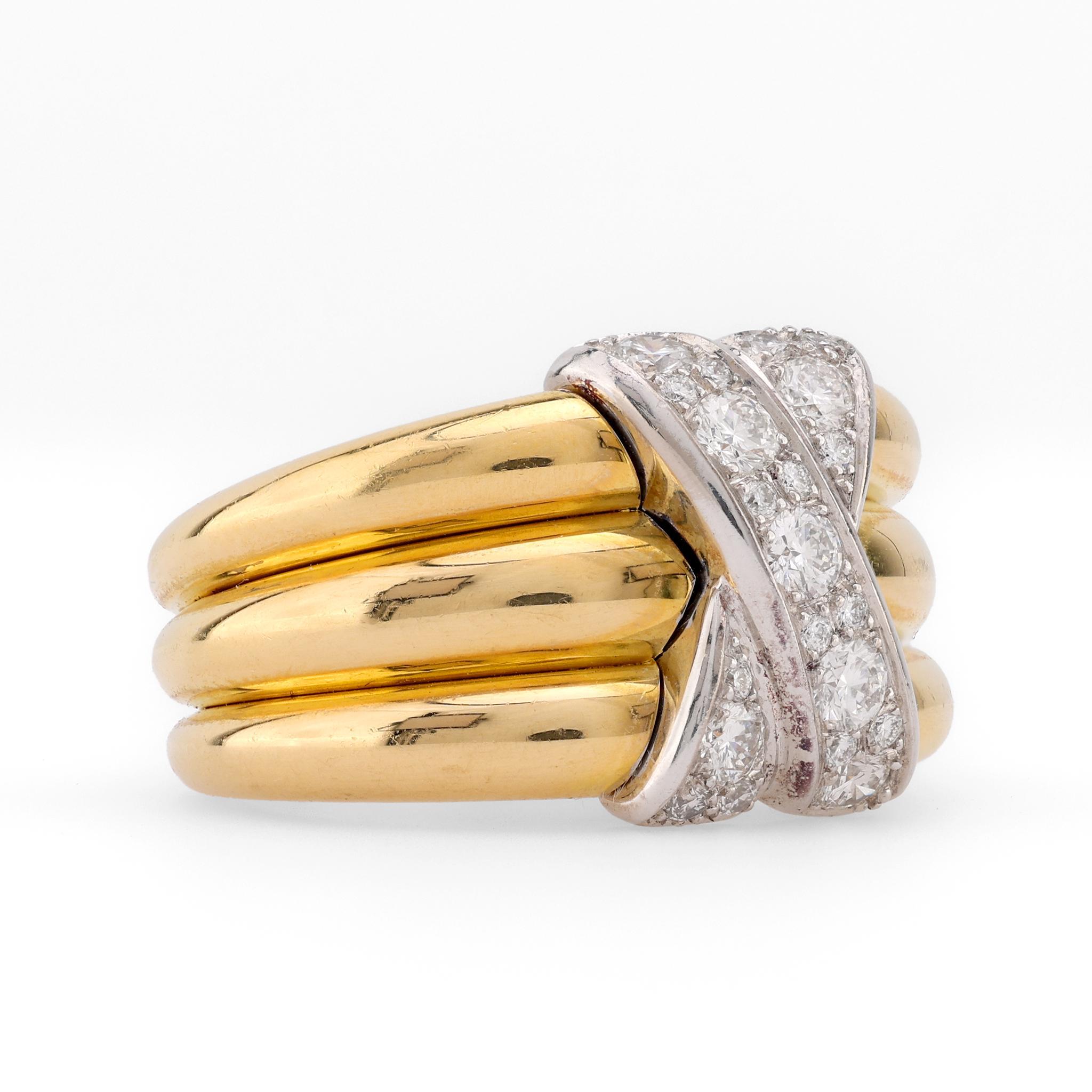 Modern Vintage French Diamond 18K Yellow and White Gold X Ring