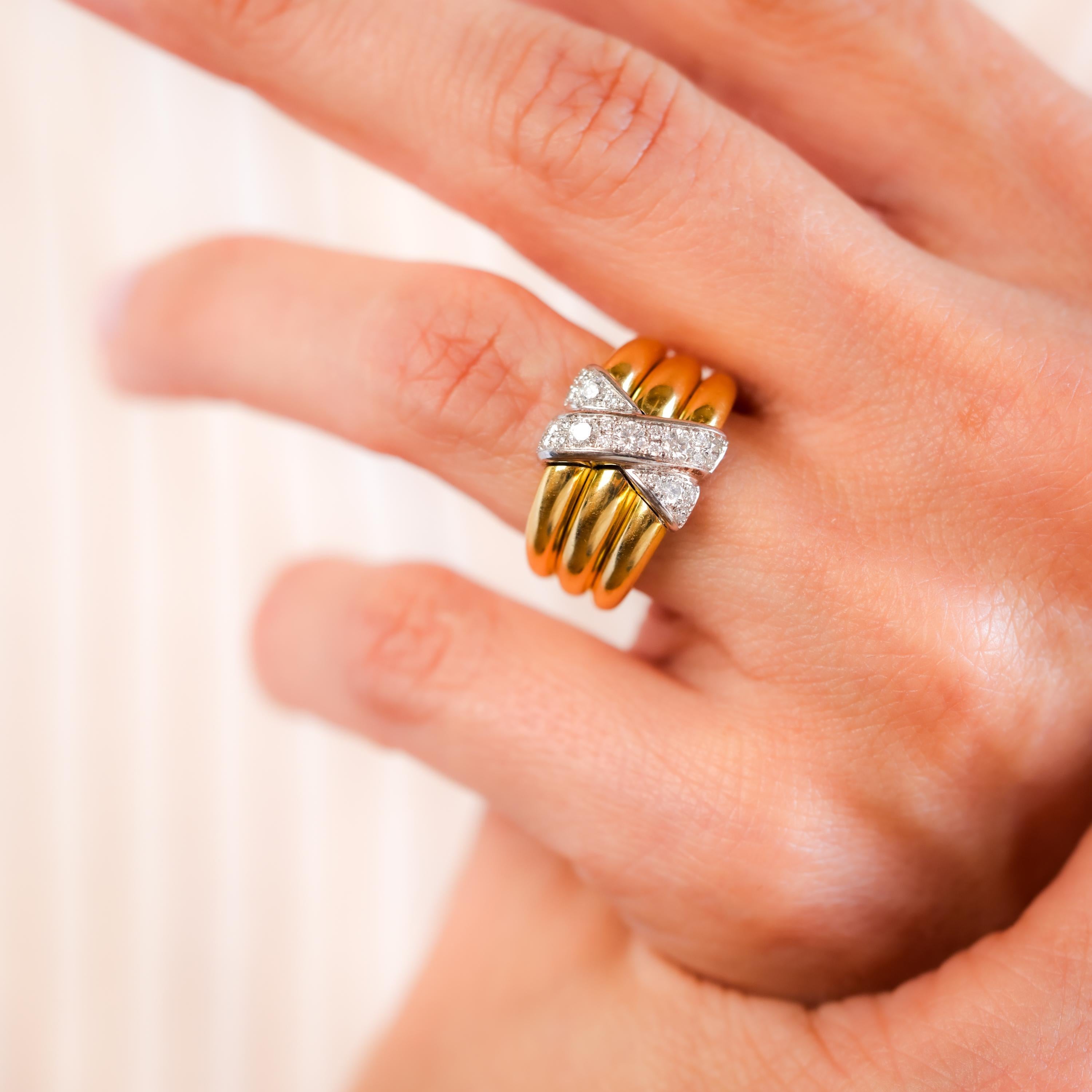 Brilliant Cut Vintage French Diamond 18K Yellow and White Gold X Ring
