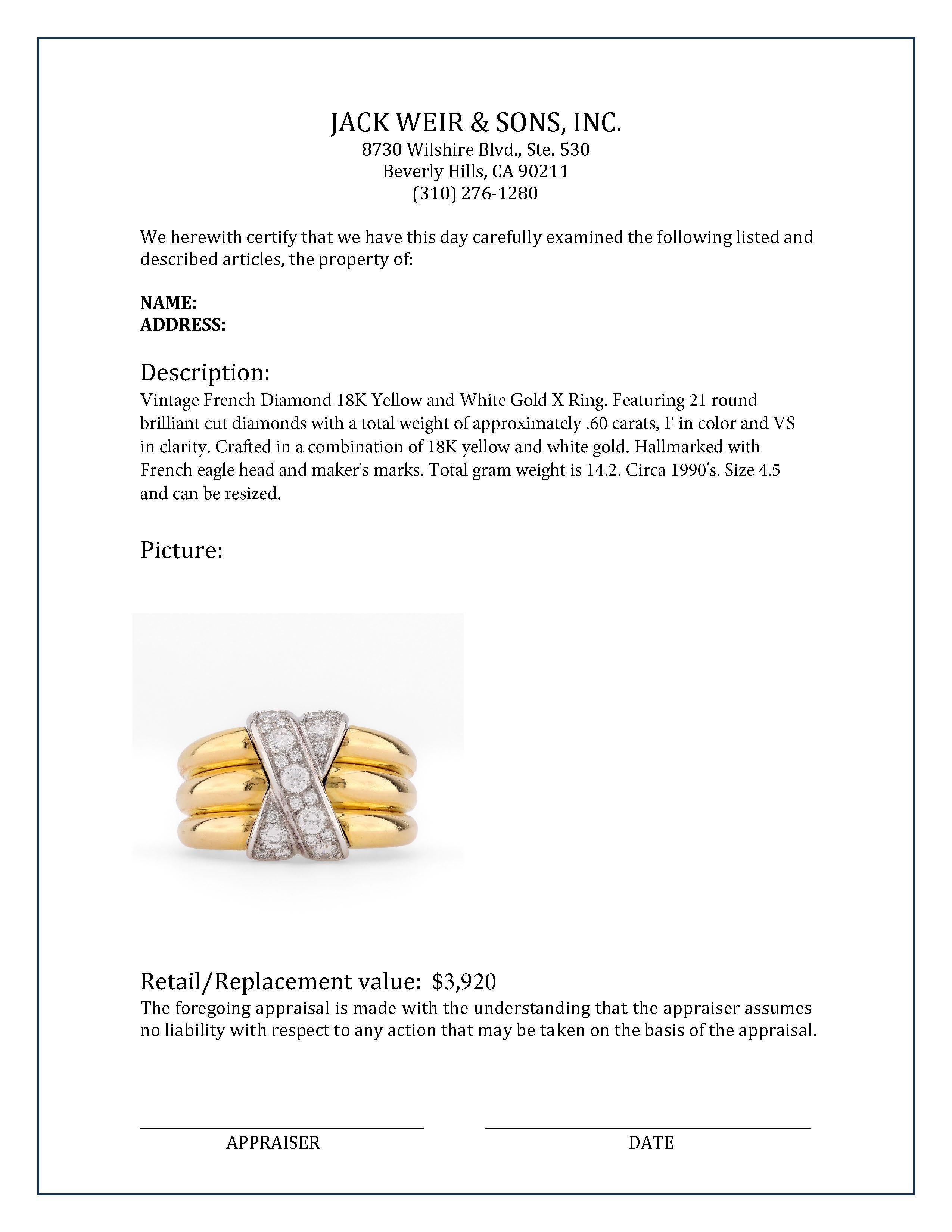 Vintage French Diamond 18K Yellow and White Gold X Ring In Excellent Condition In Beverly Hills, CA