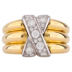 Vintage French Diamond 18K Yellow and White Gold X Ring