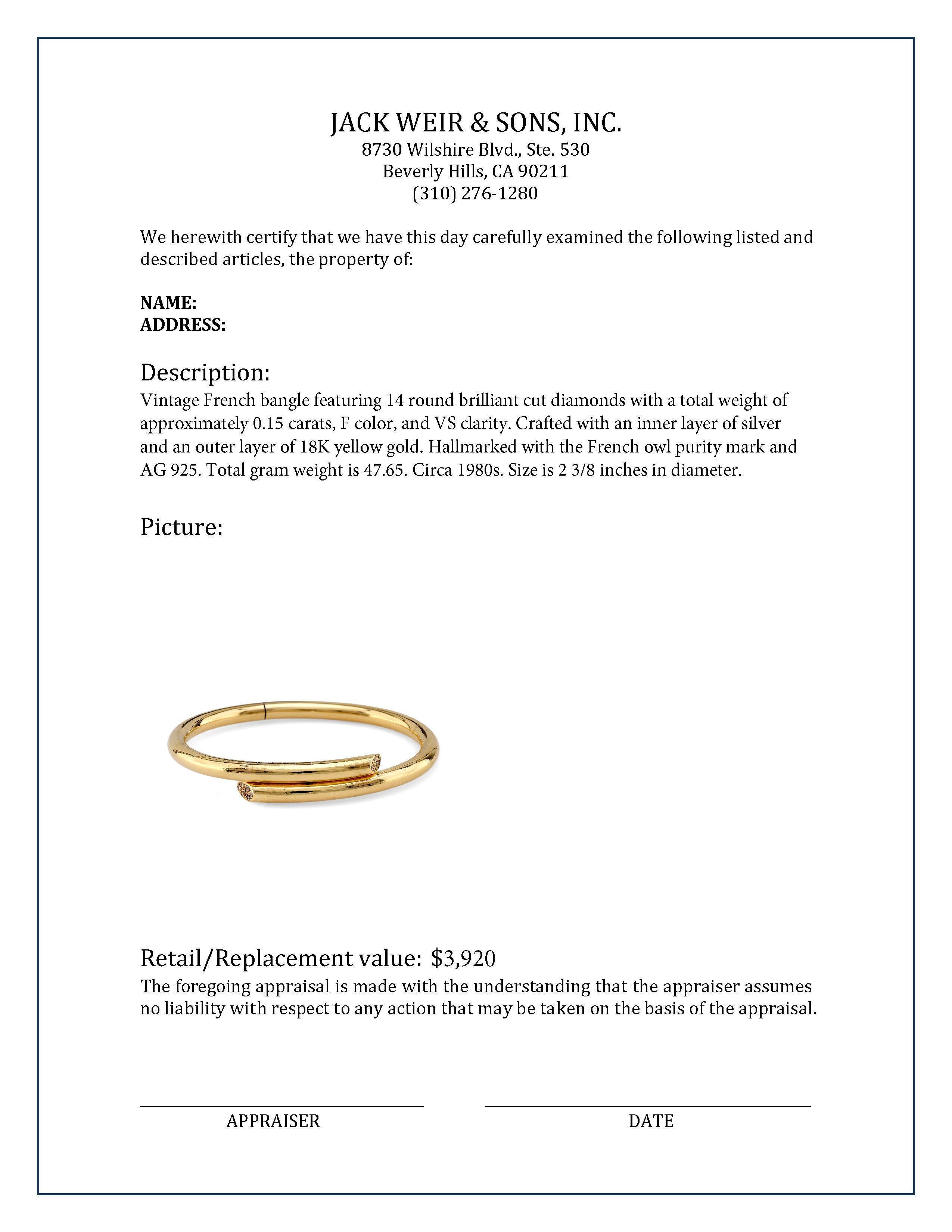 Women's or Men's Vintage French Diamond 18K Yellow Gold and Silver Bangle