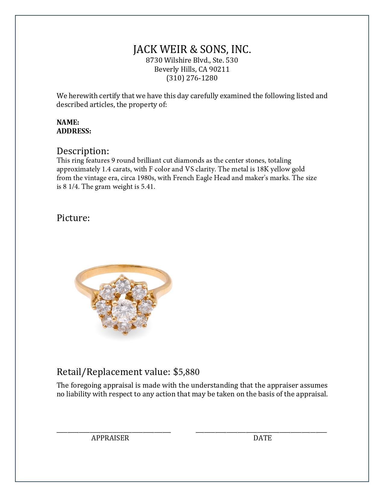 Französischer Diamant-Cluster-Ring aus 18 Karat Gelbgold mit Diamanten im Zustand „Hervorragend“ in Beverly Hills, CA