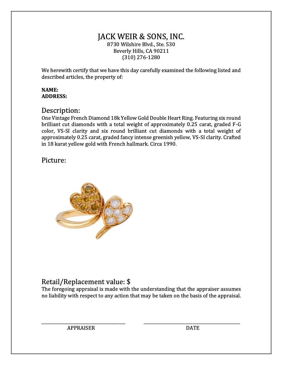 Vintage French Diamond 18k Yellow Gold Double Heart Ring For Sale 1
