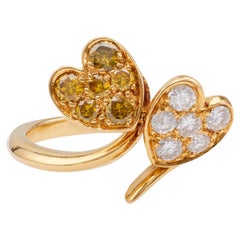 Retro French Diamond 18k Yellow Gold Double Heart Ring