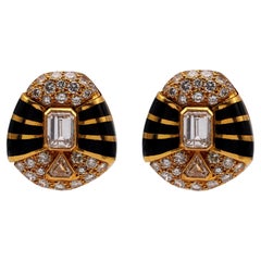 Retro French Diamond and Enamel 18k Yellow Gold Clip on Earrings