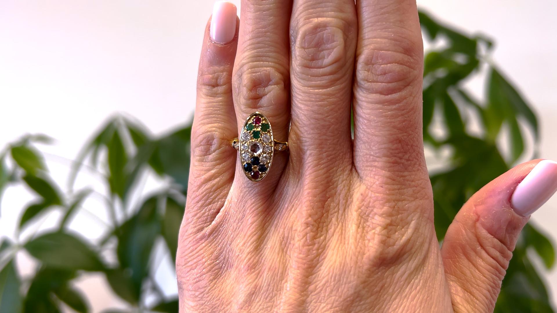 Vintage Französisch Diamant und Edelstein 18k Gelbgold Ring (Rosenschliff) im Angebot