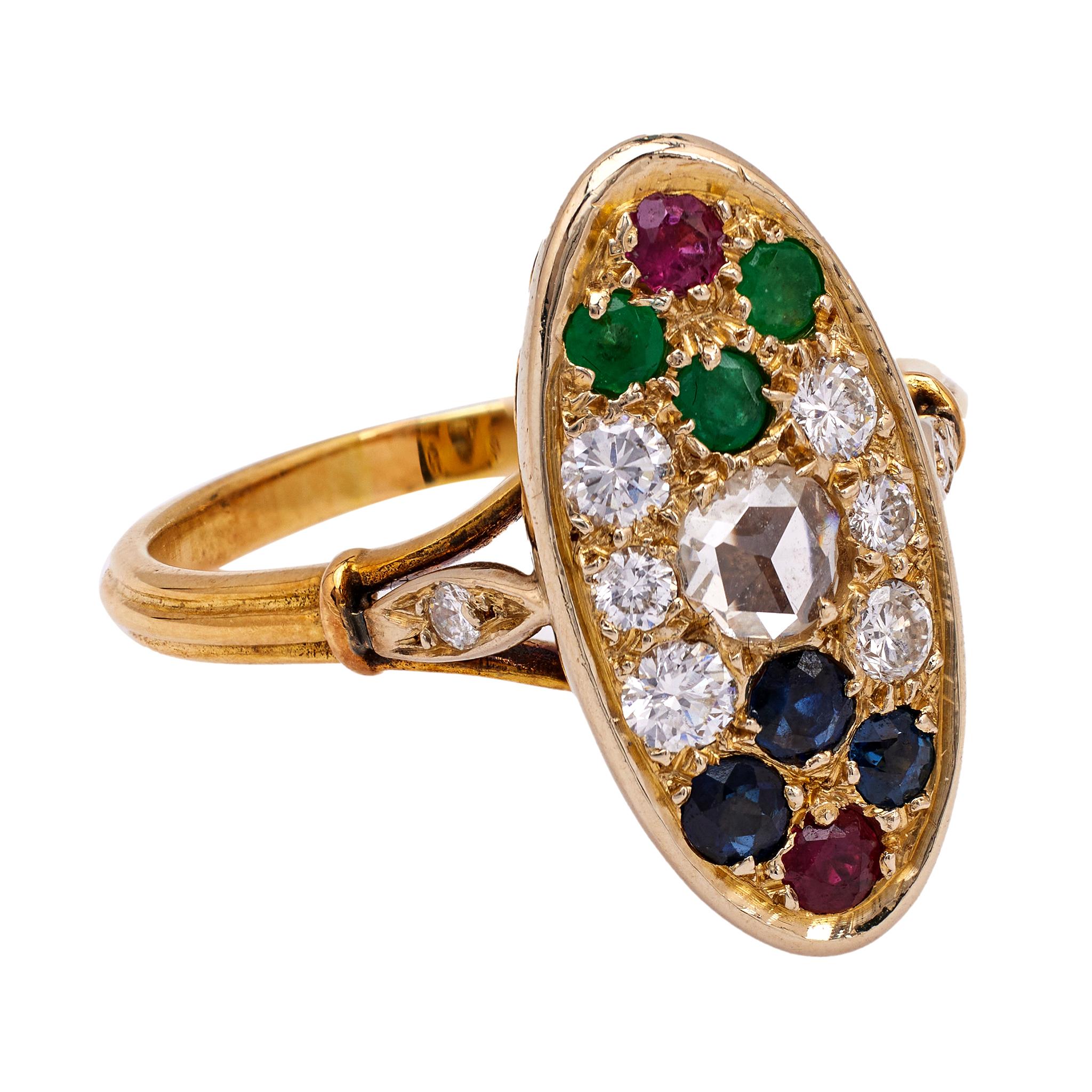 Women's or Men's Vintage French Diamond and Gemstone 18k Yellow Gold Ring For Sale