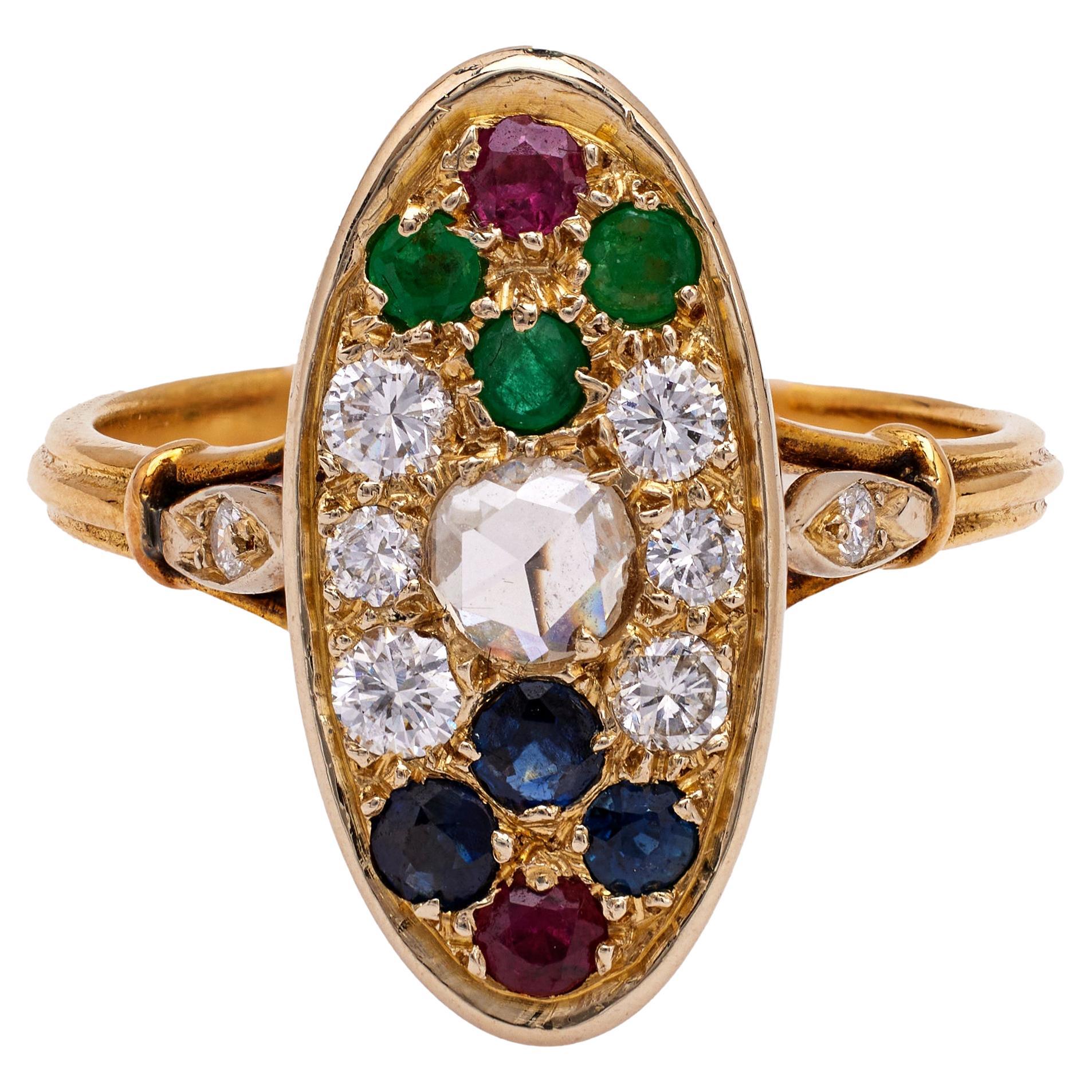 Vintage French Diamond and Gemstone 18k Yellow Gold Ring For Sale