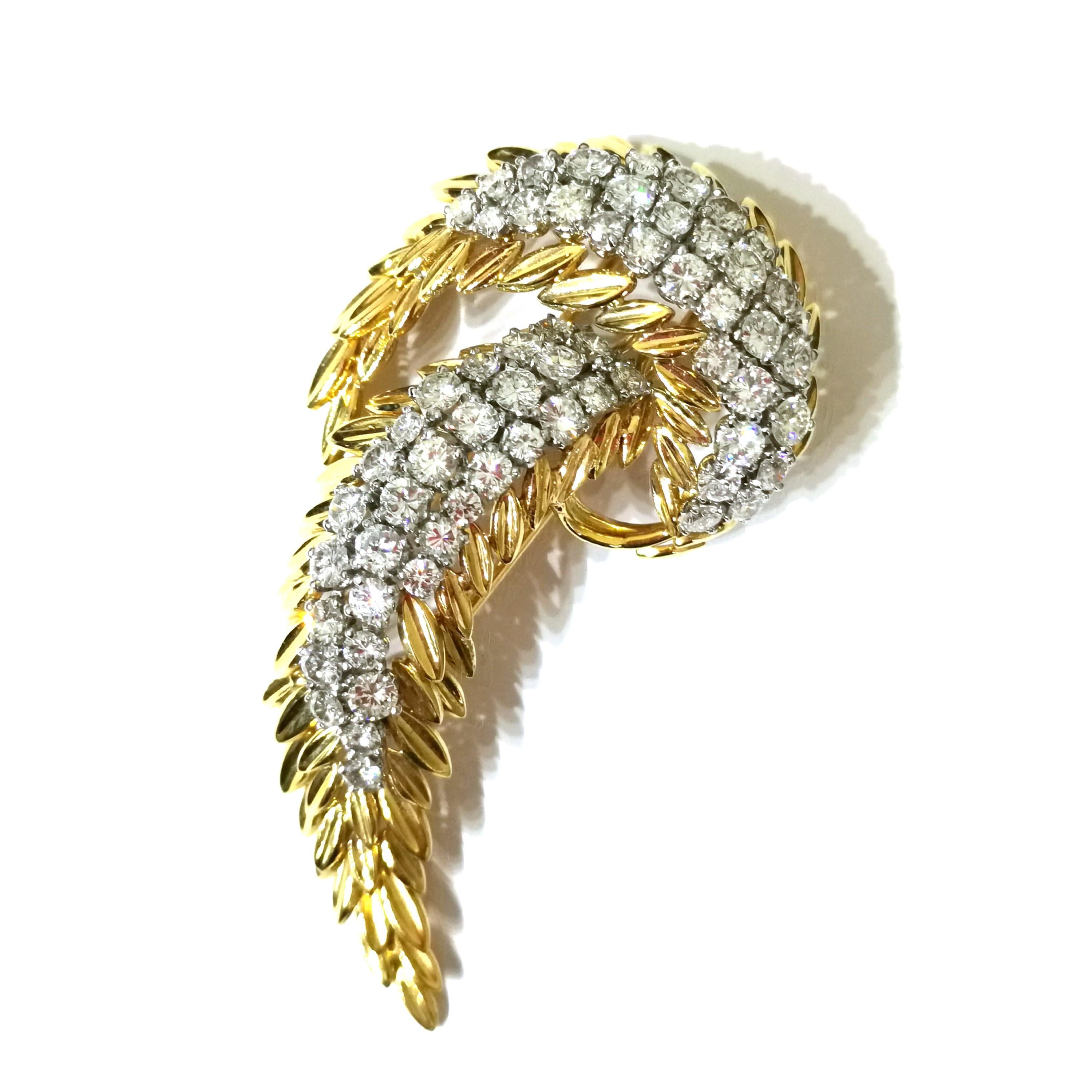 Brilliant Cut Vintage French Diamond and Gold Abstract Feather Brooch, Circa 1960