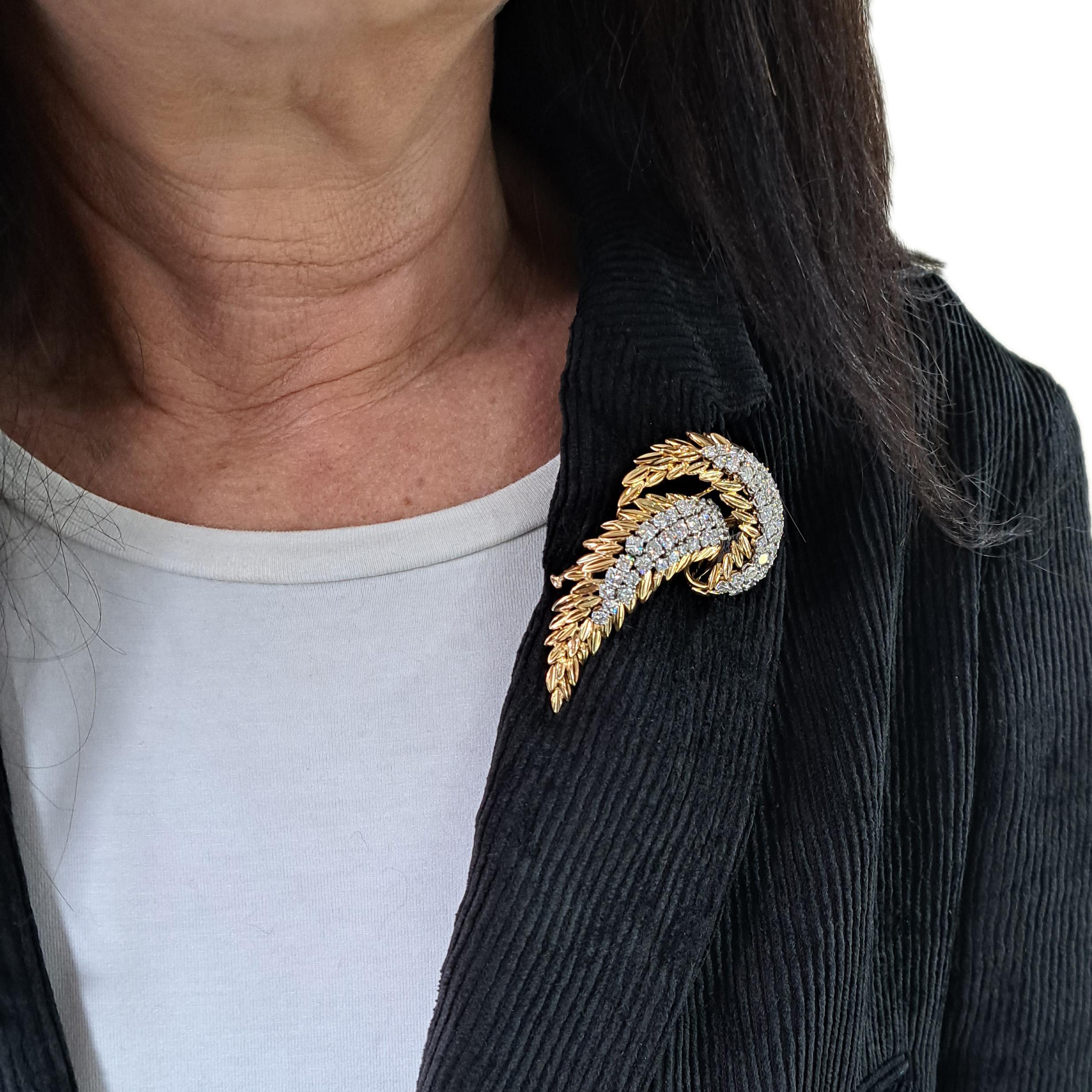 Women's Vintage French Diamond and Gold Abstract Feather Brooch, Circa 1960