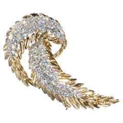 Vintage French Diamond and Gold Abstract Feather Brooch, Circa 1960