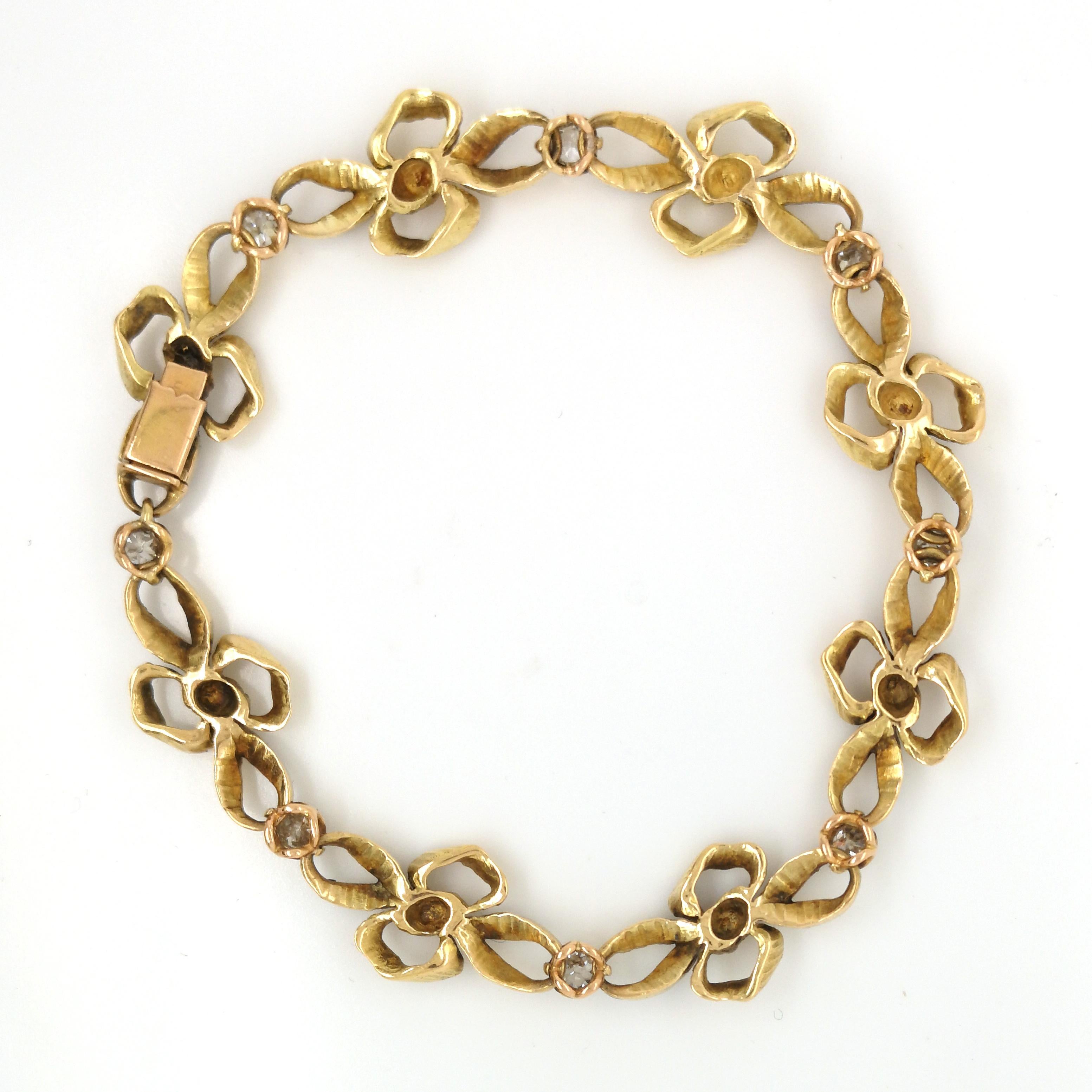 Rose Cut Vintage French Diamond and Gold Bow Bracelet, Circa 1950 For Sale