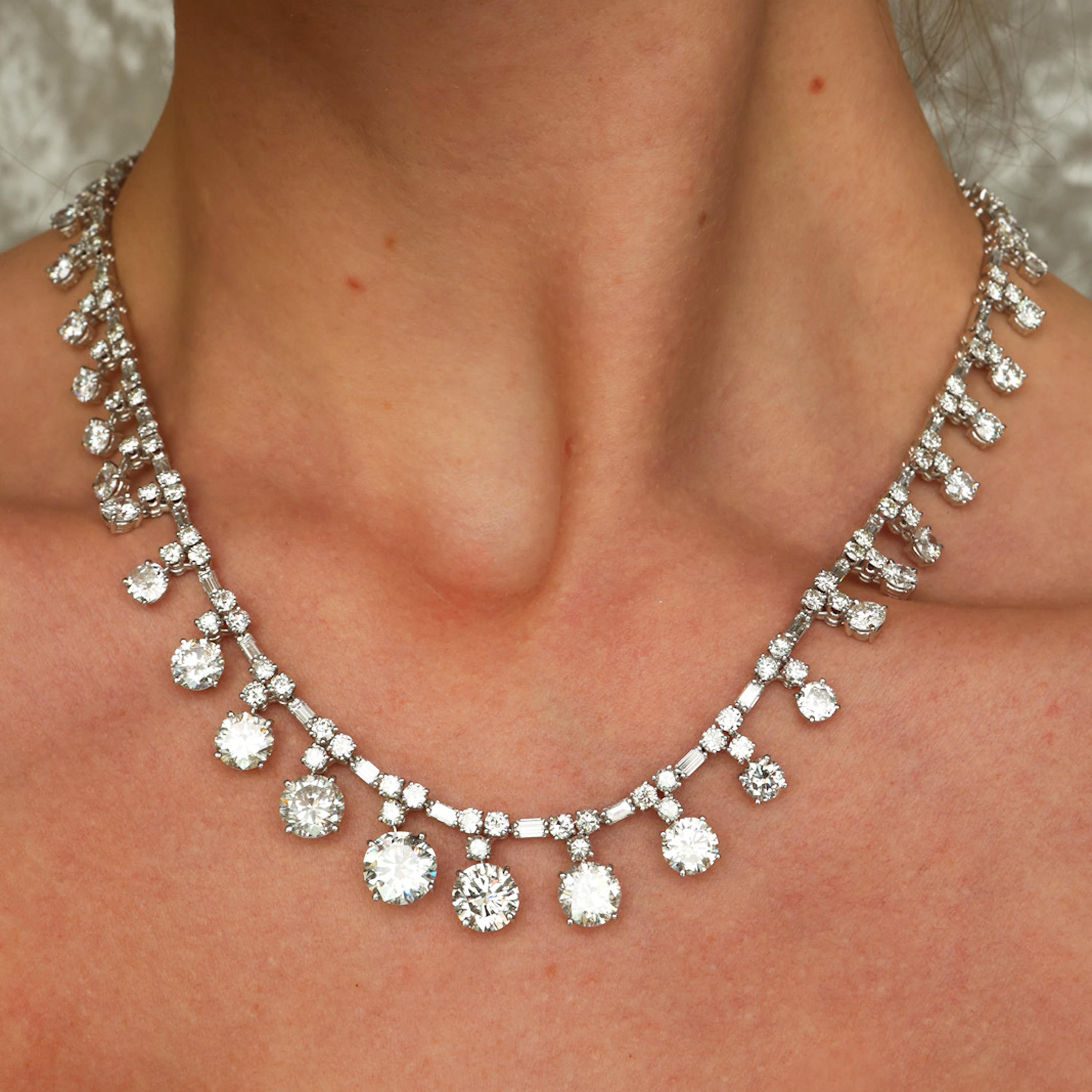 Brilliant Cut Vintage French Diamond and Platinum Riviére Necklace, 37.84 Carats, Circa 1950 For Sale