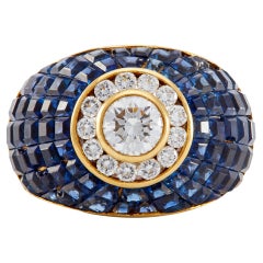 Vintage French Diamond and Sapphire 18k Yellow Gold Invisible Set Dome Ring