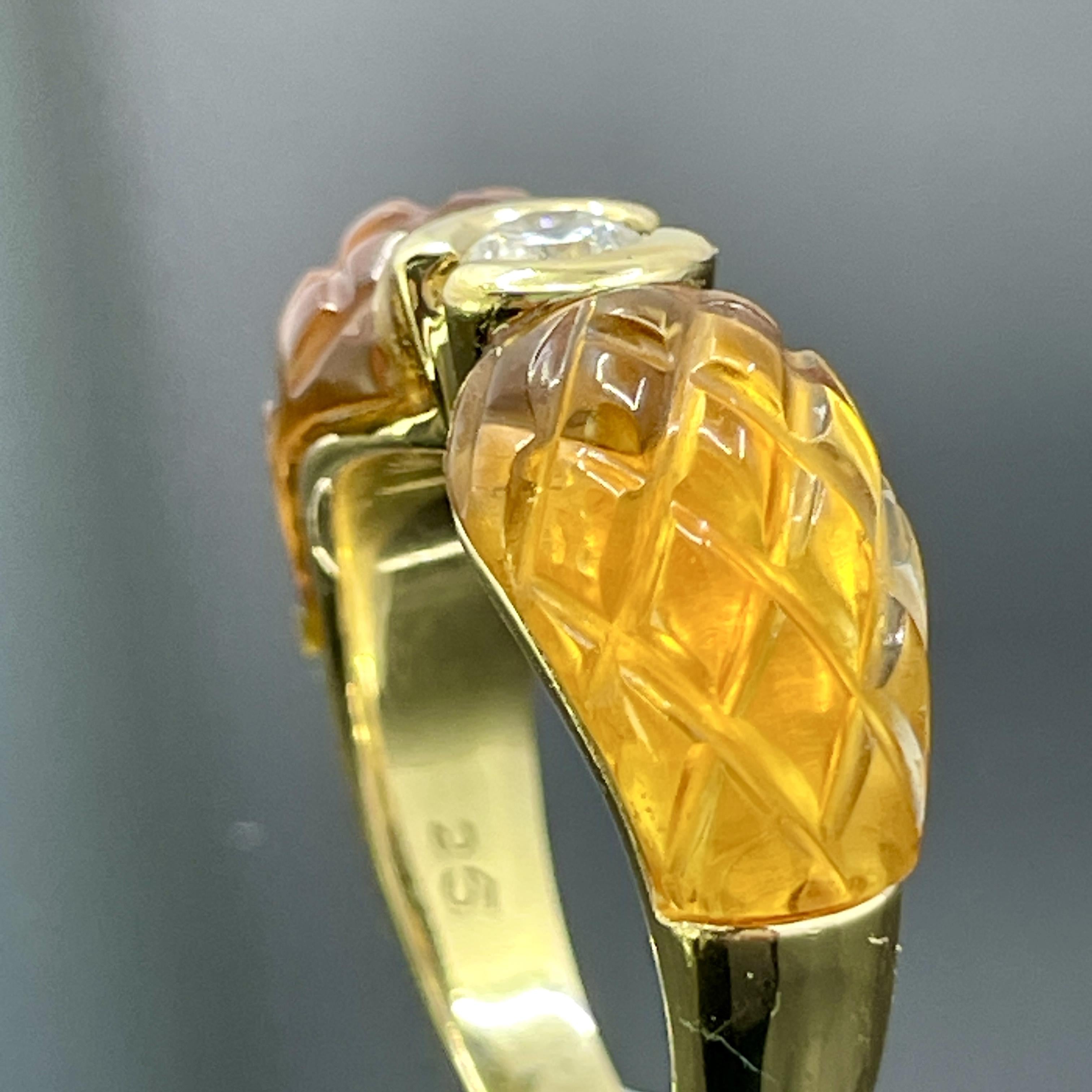 Anello francese vintage con diamante e citrino intagliato in oro giallo 18 carati in vendita 1