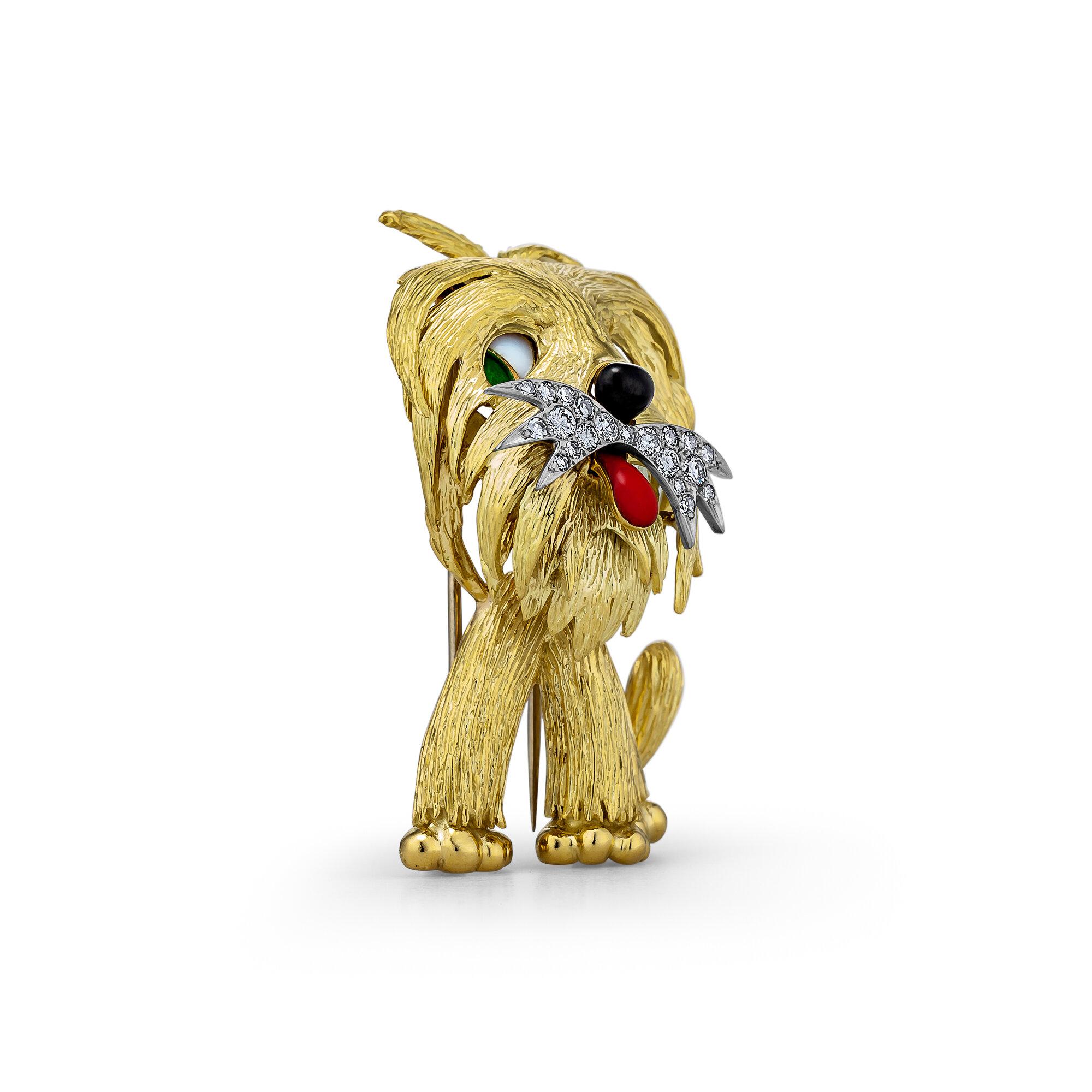 Contemporary Vintage French Diamond Gold Enamel Dog Brooch
