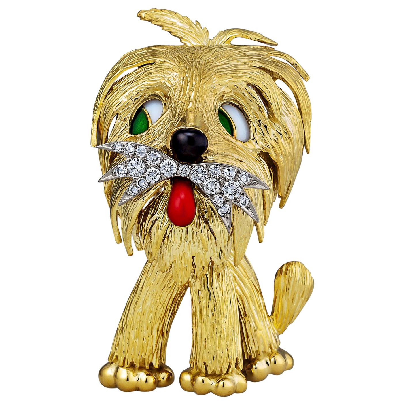 Vintage French Diamond Gold Enamel Dog Brooch