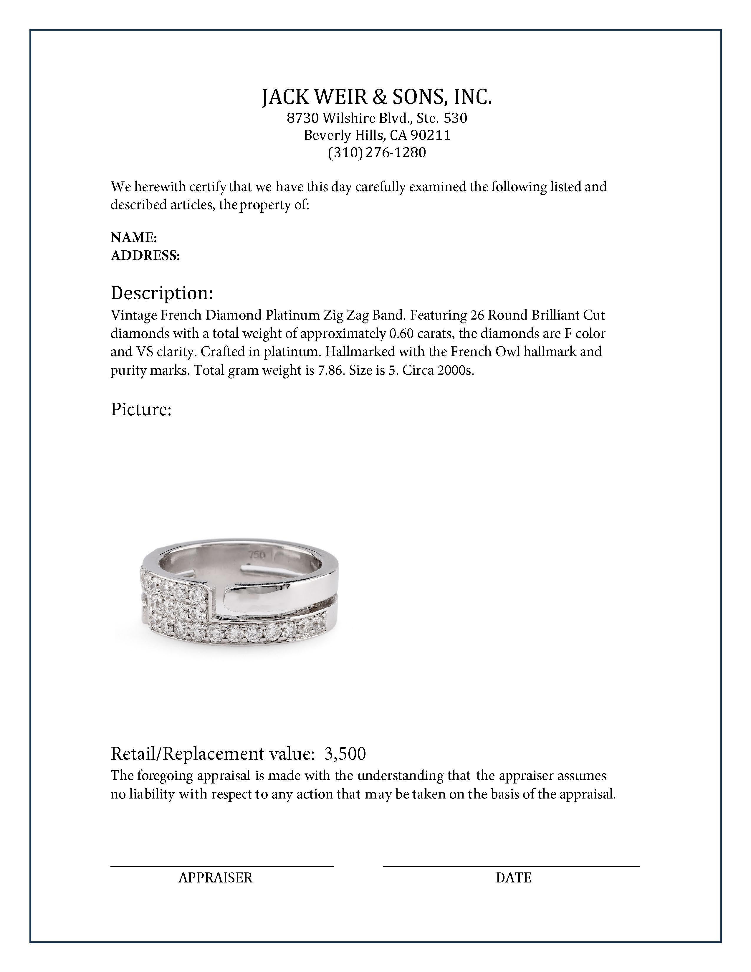 Women's or Men's Vintage French Diamond Platinum Zig Zag Band