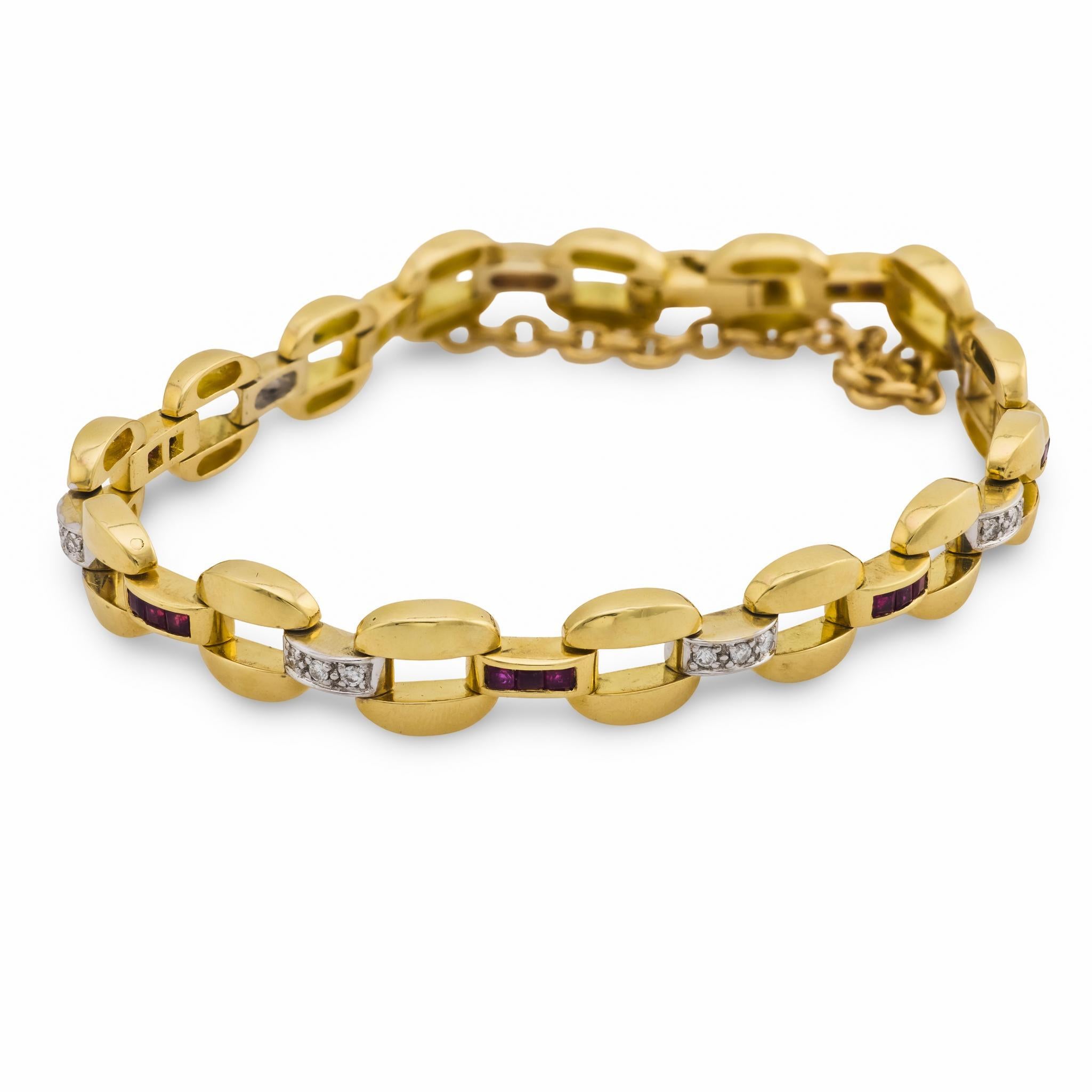 Contemporain Bracelet vintage français en or jaune 18k diamant rubis en vente