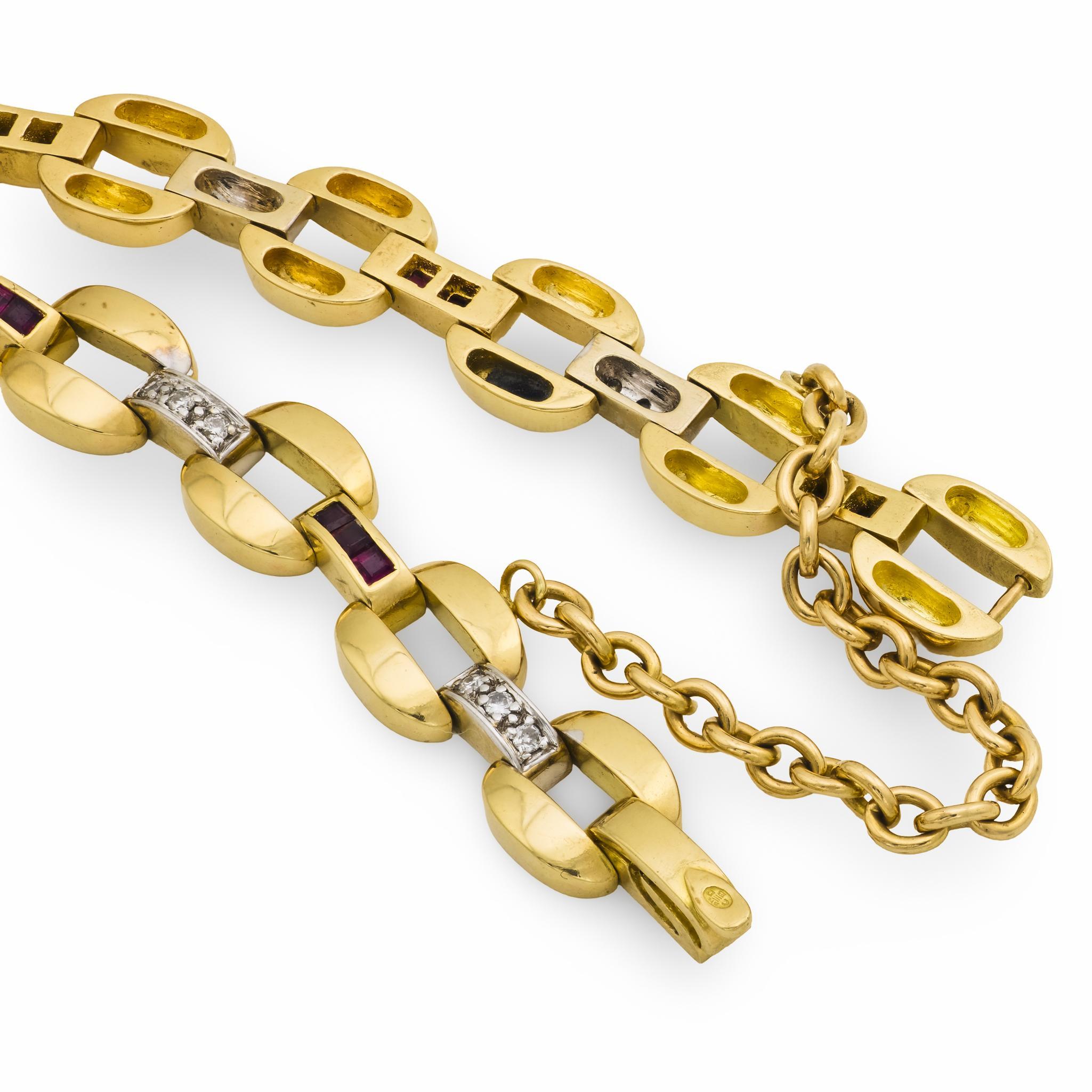 Bracelet vintage français en or jaune 18k diamant rubis en vente 1