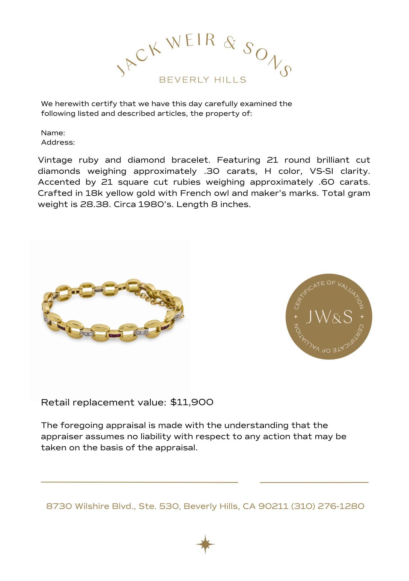 Bracelet vintage français en or jaune 18k diamant rubis en vente 2