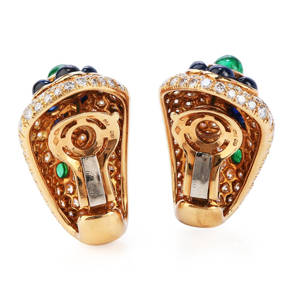 Modern Vintage French Diamond Sapphire Emerald Clip-On Gold Earrings