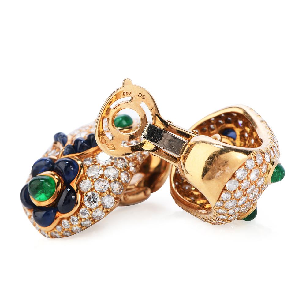 Round Cut Vintage French Diamond Sapphire Emerald Clip-On Gold Earrings