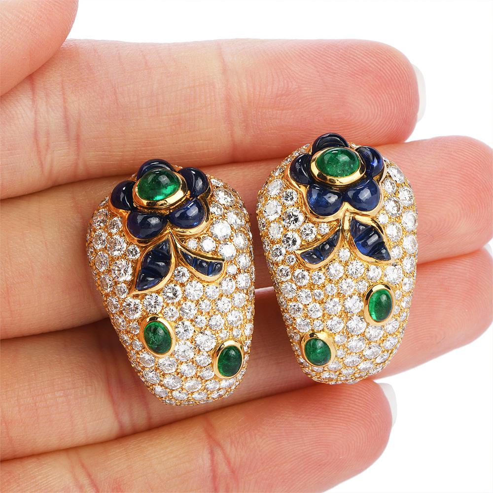 Vintage French Diamond Sapphire Emerald Clip-On Gold Earrings In Excellent Condition In Miami, FL
