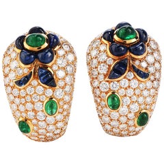 Vintage French Diamond Sapphire Emerald Clip-On Gold Earrings