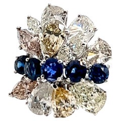 Vintage French Diamond Sapphire Platinum Gradient Cluster Cocktail Ring
