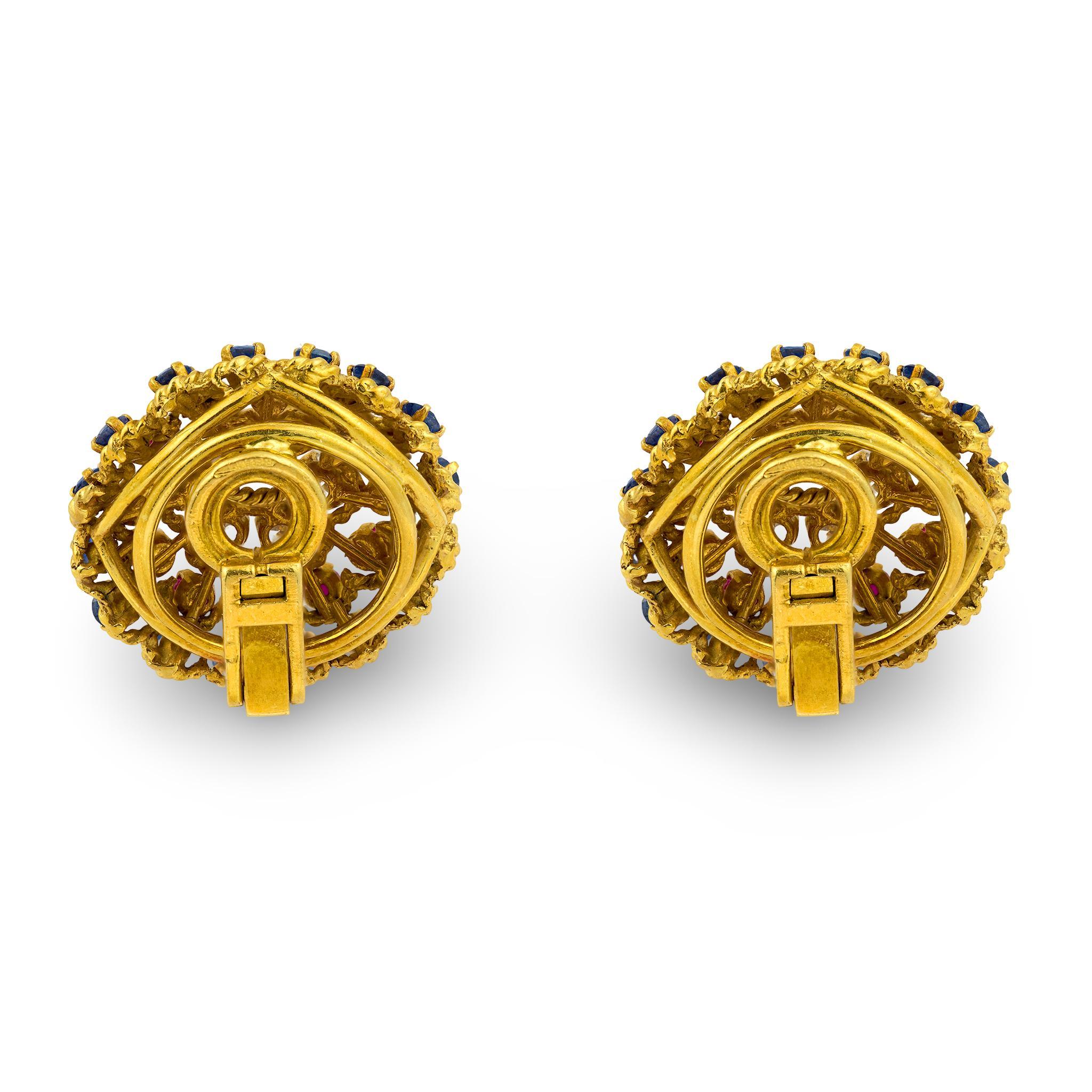 Vintage Französisch Diamant Saphir Rubin 18k Gelbgold Clip auf Ohrringe (Zeitgenössisch) im Angebot